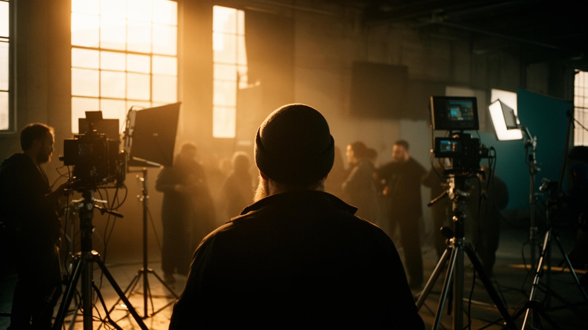 Filmmakers at work on set, backlit by golden window light